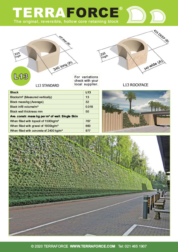 L13 hollow core standard and rock face retaining block