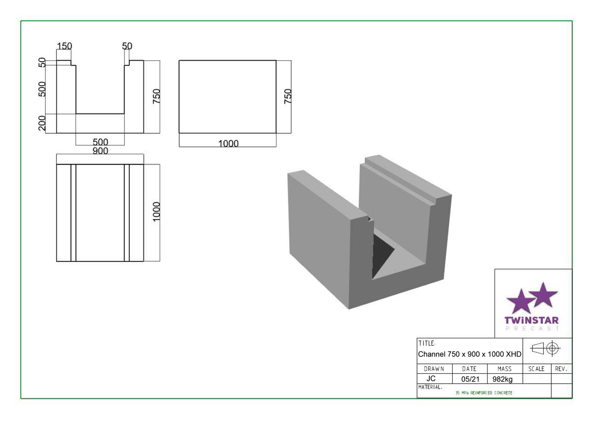 Twinstar Precast U-Channel 750 x 900 XHD – Extra Heavy Duty Concrete Channel System